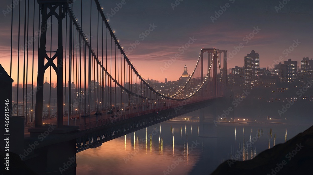 Obraz premium An illuminated suspension bridge glowing at twilight, its elegant cables reflecting in serene water below, with a tranquil cityscape in the dusky background. 