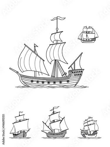 ancient ship maritime vessel icons set vector. navigation exploration, trade discovery, seafaring, shipwreck, galleon, trireme ancient ship maritime vessel black contour illustrations
