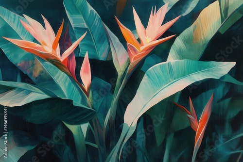 Bird of Paradise flower painting in tropical foliage with teal leaves and orange blooms in botanical garden