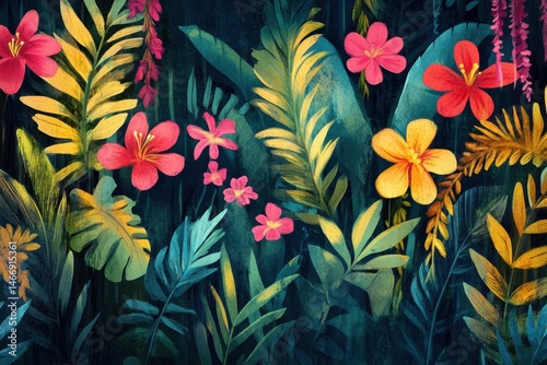 Vibrant tropical foliage painting with pink and yellow flowers in a lush jungle setting botanical art illustration