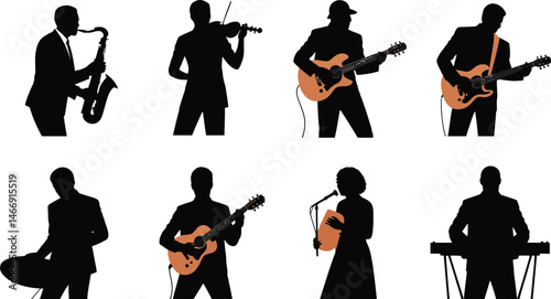 Silhouetted musicians playing instruments with sax violin guitars keyboard and vocalist in concert