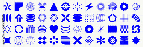 Set of graphic geometric assets with grid, pattern and elements. Vector modern shapes in retro aesthetic. Isolated illustration for stickers, poster, collage, design template.
