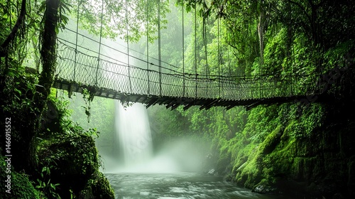 An old rope bridge swaying above a mist-shrouded jungle waterfall, its weathered planks blending with the lush green canopy and cascading water below.  