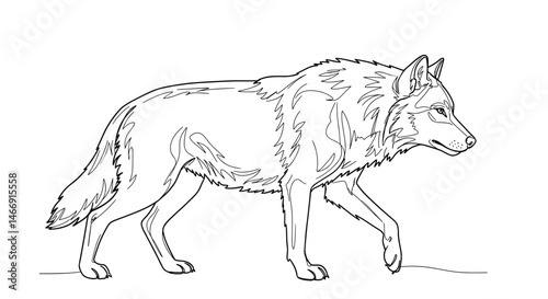 Wolf sketch walking in a detailed outline on a plain background  