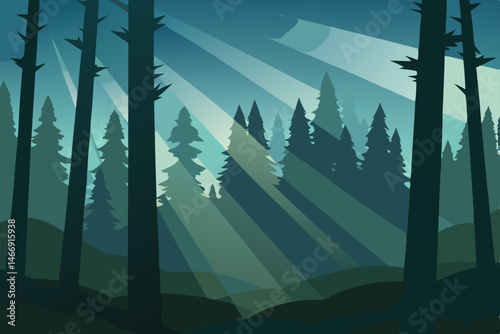 misty pine forest with sunbeams filtering through  