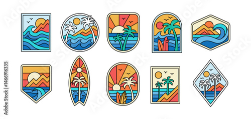Colorful retro surf and beach vector badge set. Including sun, waves, palm trees, mountains, surfboards.