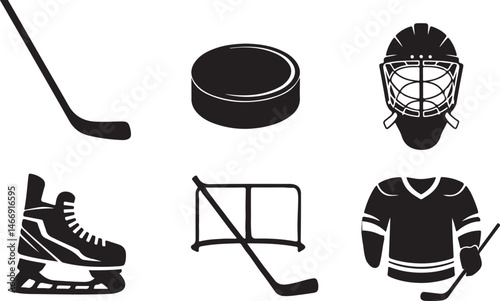 Hockey icons collection in black and white representing hockey equipment and supplies