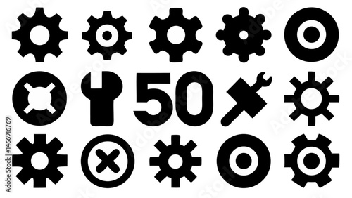 Technical gear settings icon set with glyph vector pictograms designed for control panels, dashboard design, user interface customization, and system settings themes