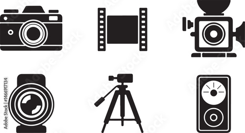Set of black and white illustrations representing photography and filmmaking equipment silhouettes