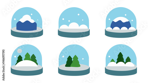 Snow globe collection set showcasing charming Christmas vector elements suitable for seasonal graphics, holiday merchandise, and winter themed visual creations