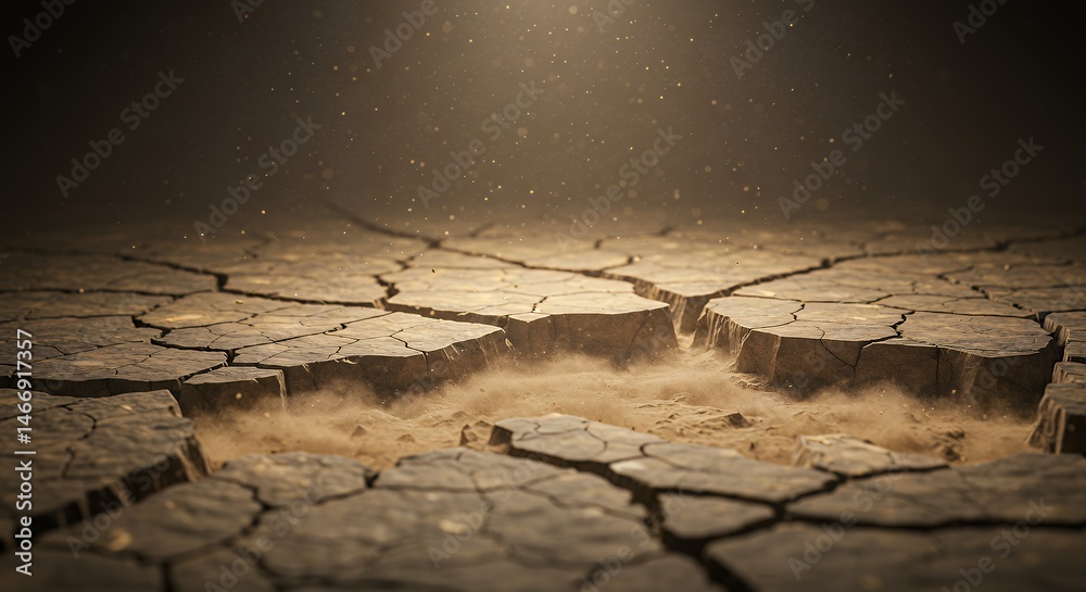 Cracked Earth Showing Drought Conditions with Dust Rising in Golden Light