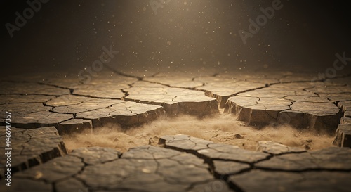 Obraz na płótnie Cracked Earth Showing Drought Conditions with Dust Rising in Golden Light w salonie