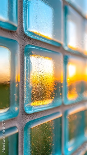 Closeup Blue Glass Block Wall Reflecting Sunset