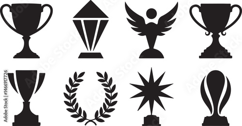 Set of silhouetted award trophies and laurel wreath symbols for celebrations and achievements