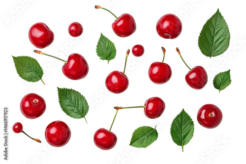 Bright red cherries and green leaves arranged in a scattered pattern. Png, Transparent background.