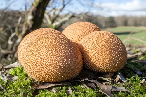 Orange fungi cluster on moss photo