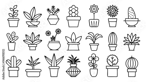 Indoor houseplants icon collection in line art style featuring elegant botanical symbols ideal for home garden applications plant care visuals and ecommerce packaging