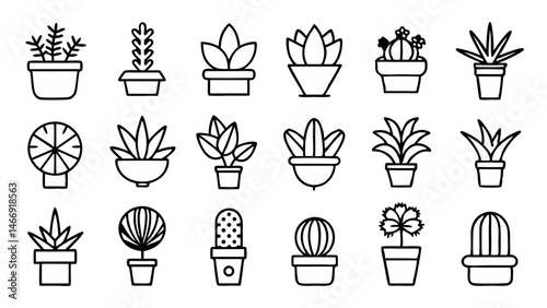 Minimalist indoor houseplant icon collection in line style offering clean vector illustrations for gardening apps modern home design and green living promotional materials