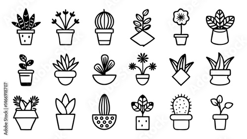 Vector houseplants icon collection designed in line art style featuring popular indoor plants for eco decor branding gardening guides and sustainable lifestyle visuals