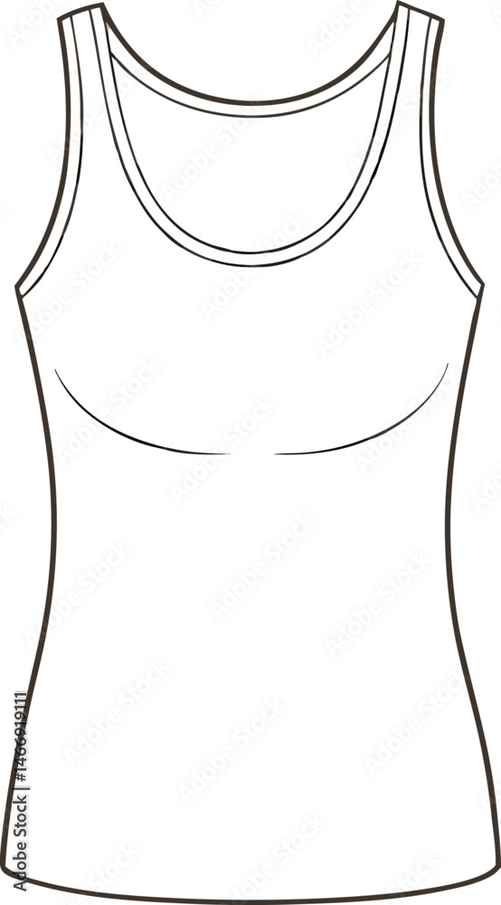 Sleeveless tank top outline front view for women, minimal line vector for garment flat sketches, summer wear, or athletic apparel mockups. Sleeveless tank top outline front view for women, minimal line vector for garment flat sketches, summer wear, or athletic apparel mockups.