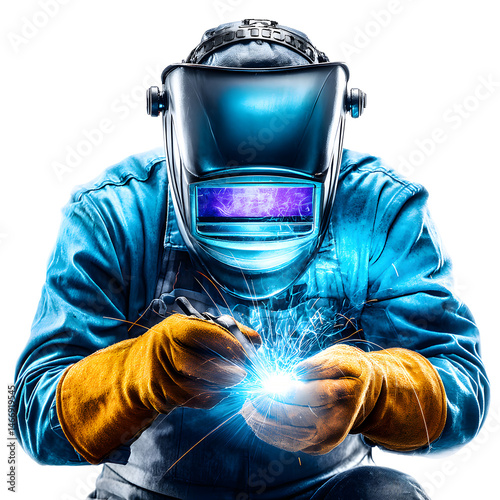 Welder at work isolated on white background
