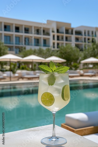 Glass of Hugo Spritz with mint leaves and lime slices by a luxurious poolside under clear blue sky

