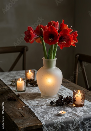 Red Amaryllis Flowers in Vase with Candles on Table