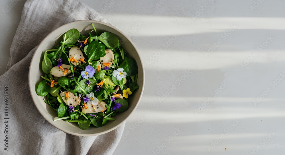 Fresh Salad with Greens and Edible Flowers Top View