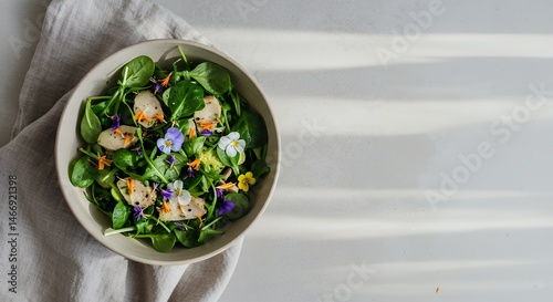 Obraz na płótnie Fresh Salad with Greens and Edible Flowers Top View w salonie
