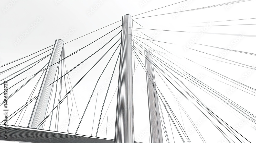 High-precision technical drawing of a cable-stayed bridge, illustrating steel pylons, tensioned cables, and deck structure in a clean, black-and-white schematic High-precision technical drawing of a cable-stayed bridge, illustrating steel pylons, tensioned cables, and deck structure in a clean, black-and-white schematic