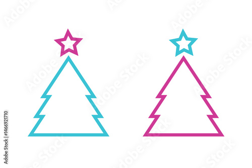 Vector Christmas tree. Outline Style Design of Cypress Tree Isolated on White Background. Christmas Design Element. Christmas and New Year Holidays Symbol. Magenta Blue Colors Design Elements.