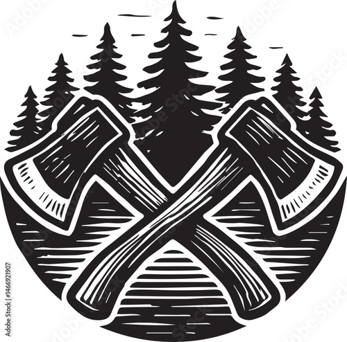 axes crossed and trees vector illustration