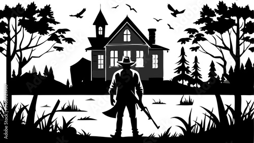 Silhouette man with rifle before haunted house scene vector, illustration, silhouette, clipart, horizontal, isolated assets, on transparent background