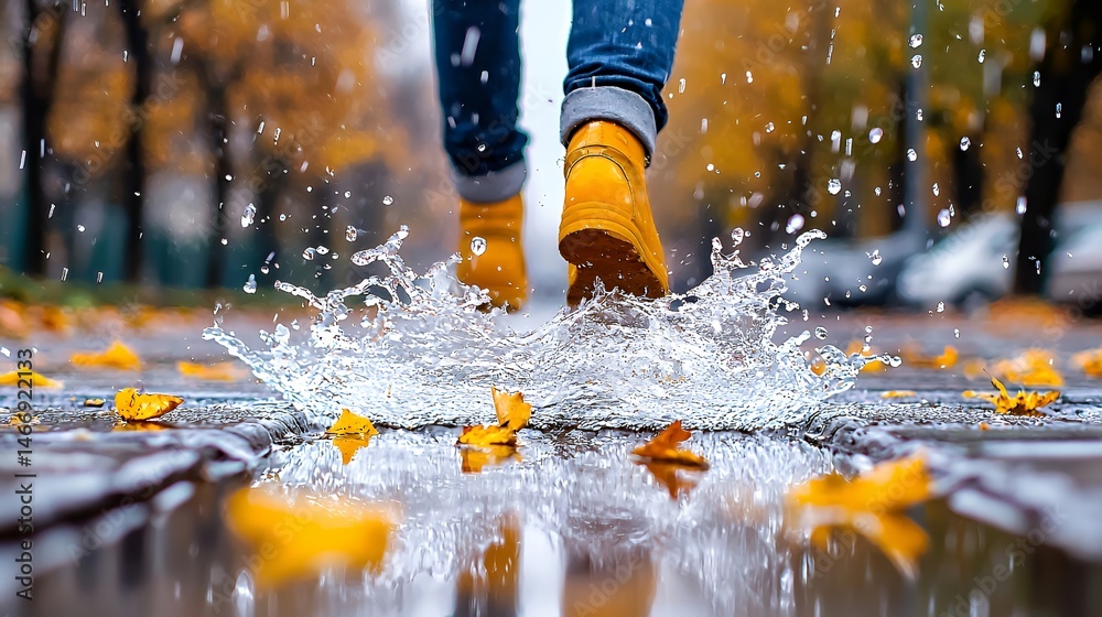 Fototapeta premium Jumping Into a Puddle with Yellow Boots in Autumn
