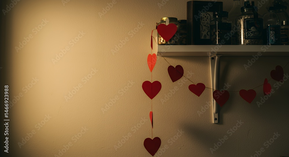 Hanging Heart Garland Decoration on Wall Shelf with Glass Jars