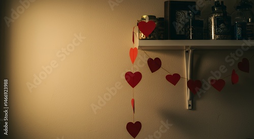 Hanging Heart Garland Decoration on Wall Shelf with Glass Jars
