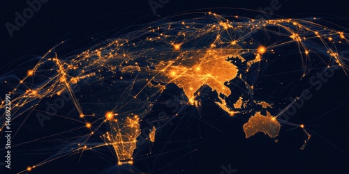 Global Night View of Earth Map with City Lights Representing International Communication Network and Worldwide Connectivity on Dark Background
