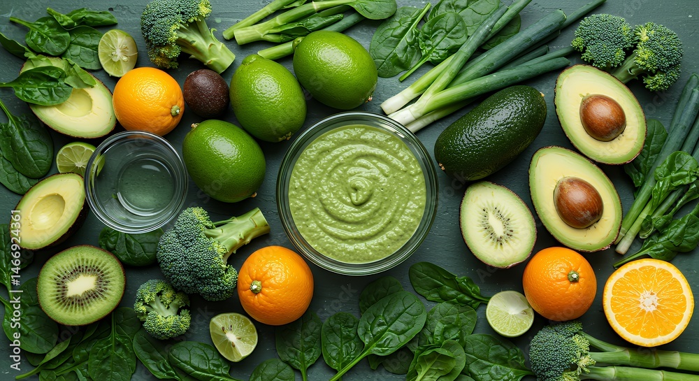 Green Smoothie Bowl with Fresh Fruits and Vegetables Flat Lay