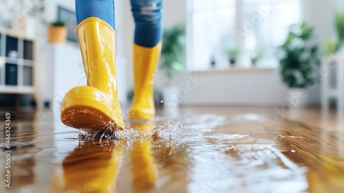 Water damage from burst pipe, woman wading through flooded room wearing yellow rubber boots, navigating damaged interior