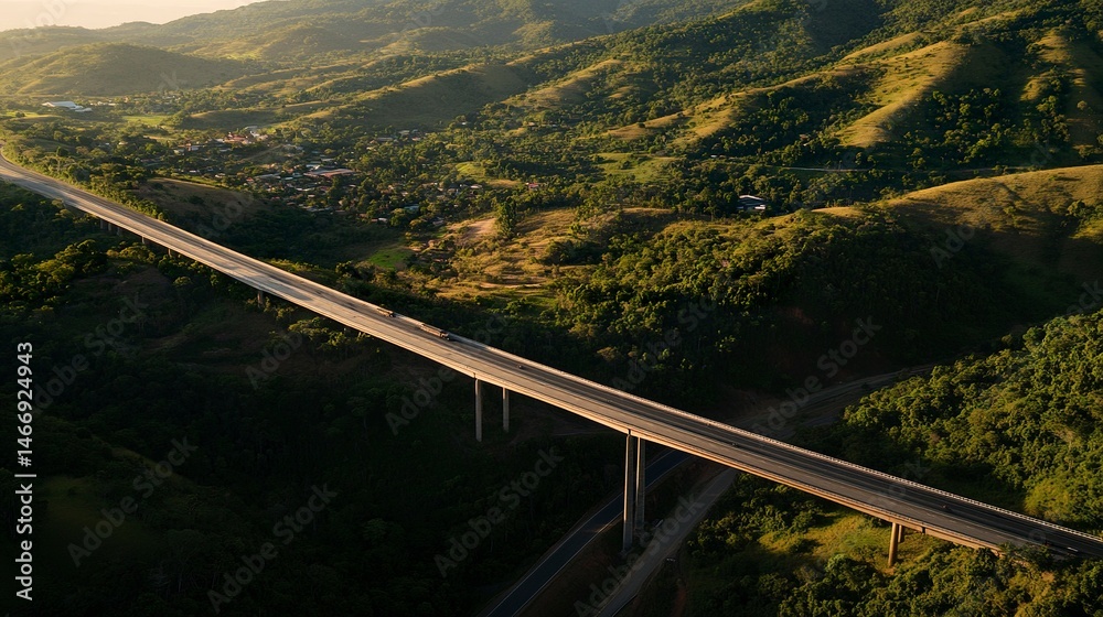 Obraz premium Overhead view of a motorway bridge spanning a lush valley, connecting towns at dusk, warm twilight hues casting long shadows over verdant hills and forests.
