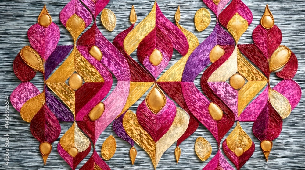 Obraz premium Thai-inspired diamond motif fabric, interlocking design, rich burgundy and gold hues, textured linen background, perfect for upholstery or stylish home decor.