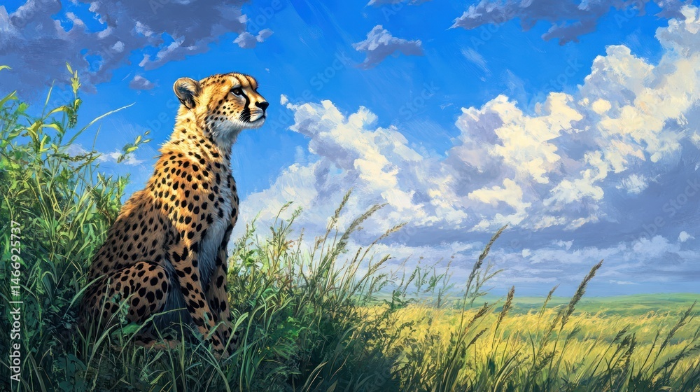Obraz premium A cheetah gazes skyward over a golden savanna.