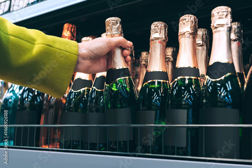Hand selecting sparkling wine bottle from store shelf.