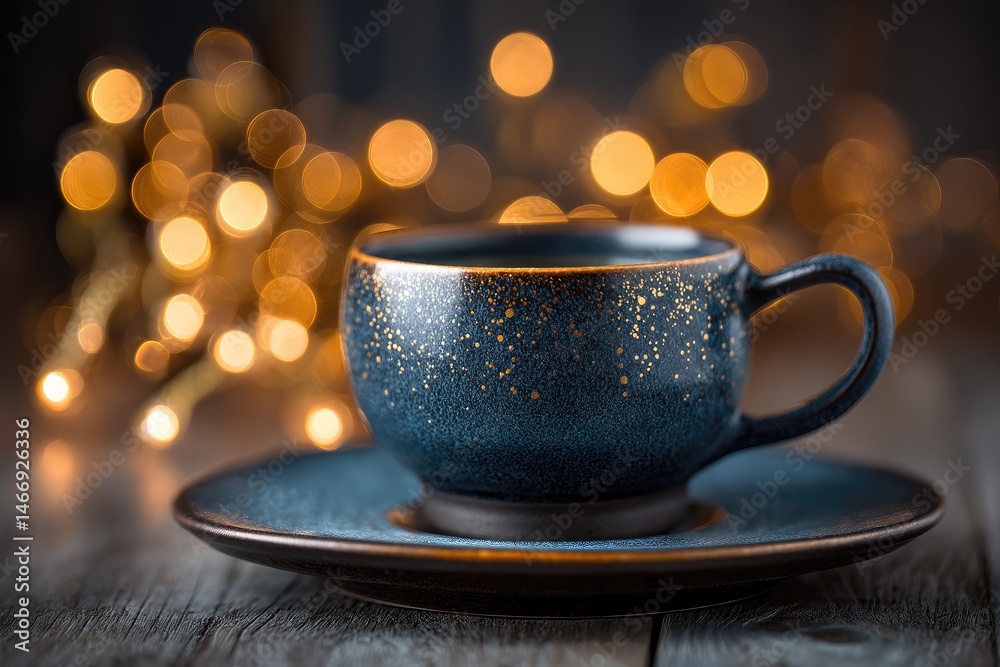 Obraz premium Dark blue ceramic cup of coffee, warm lighting