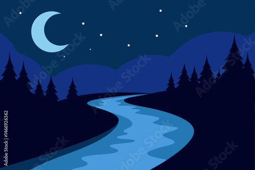 moonlight over a calm river winding through dense  