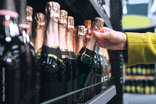 Hand selecting champagne bottle with gold foil in store.