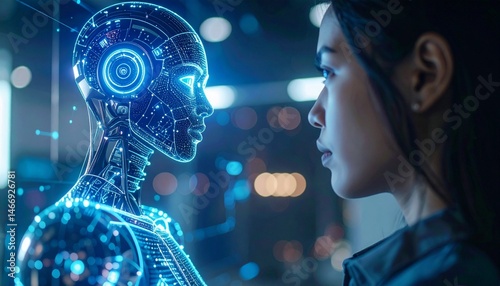 A humanoid robot AI agent hologram sharing knowledge with a human during the singularity symbolizing agentic autonomy and AGI technology in the future using superintelligence