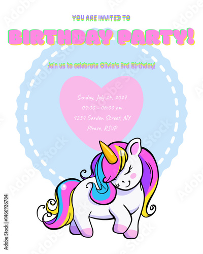 Cute unicorn kids birthday invitation in doodle style, party invitation vector template. Hand drawn trendy children's illustration in pastel colors.
