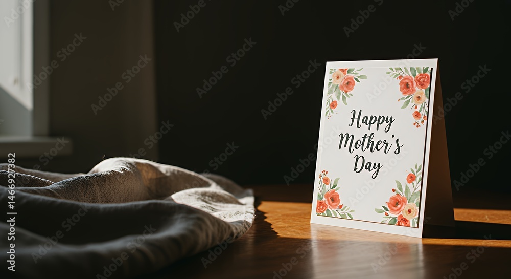 Mother's Day Card with Floral Design Sitting on Wooden Surface