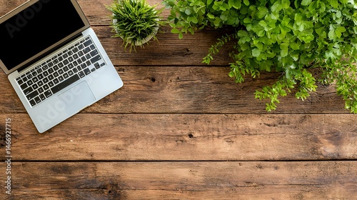 Wallpaper Mural Laptop and Greenery on Wooden Desk Overhead View Torontodigital.ca